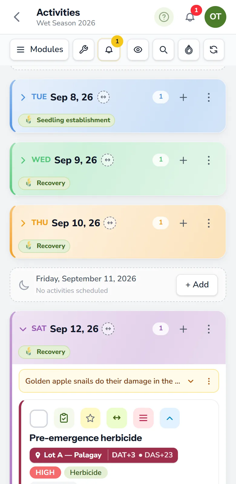 The anee.io season board: each day with its growth stage, an open herbicide task on its DAT count