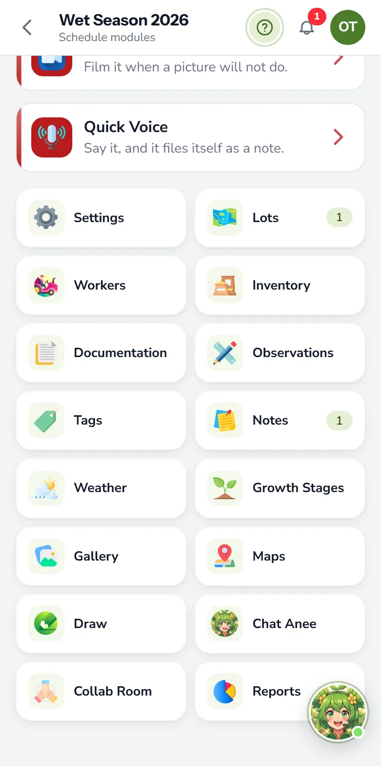 A season's modules in anee.io: lots, workers, inventory, weather, growth stages, maps, Anee, reports and more