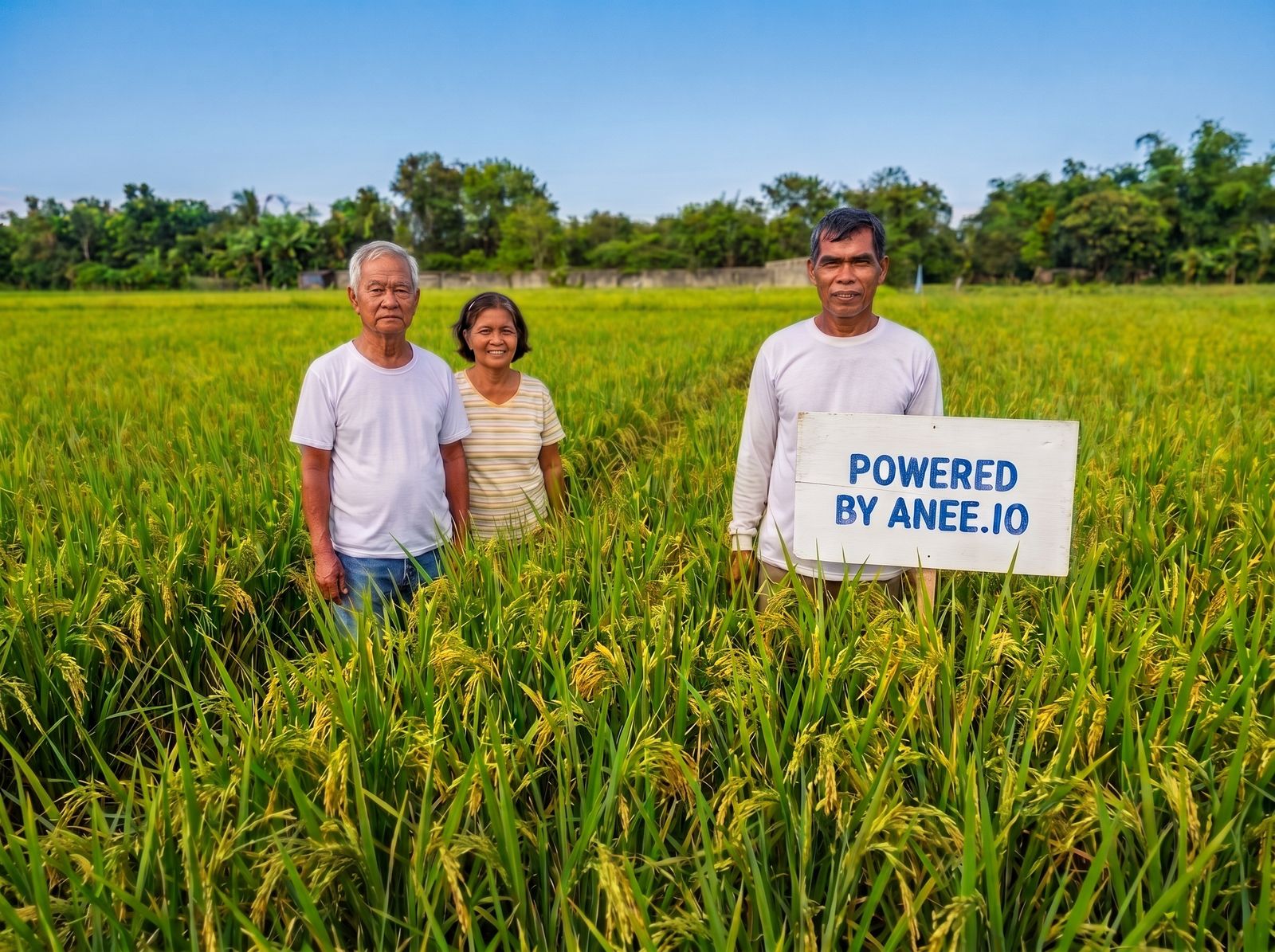 Three farmers in their rice field with a Powered by anee.io sign